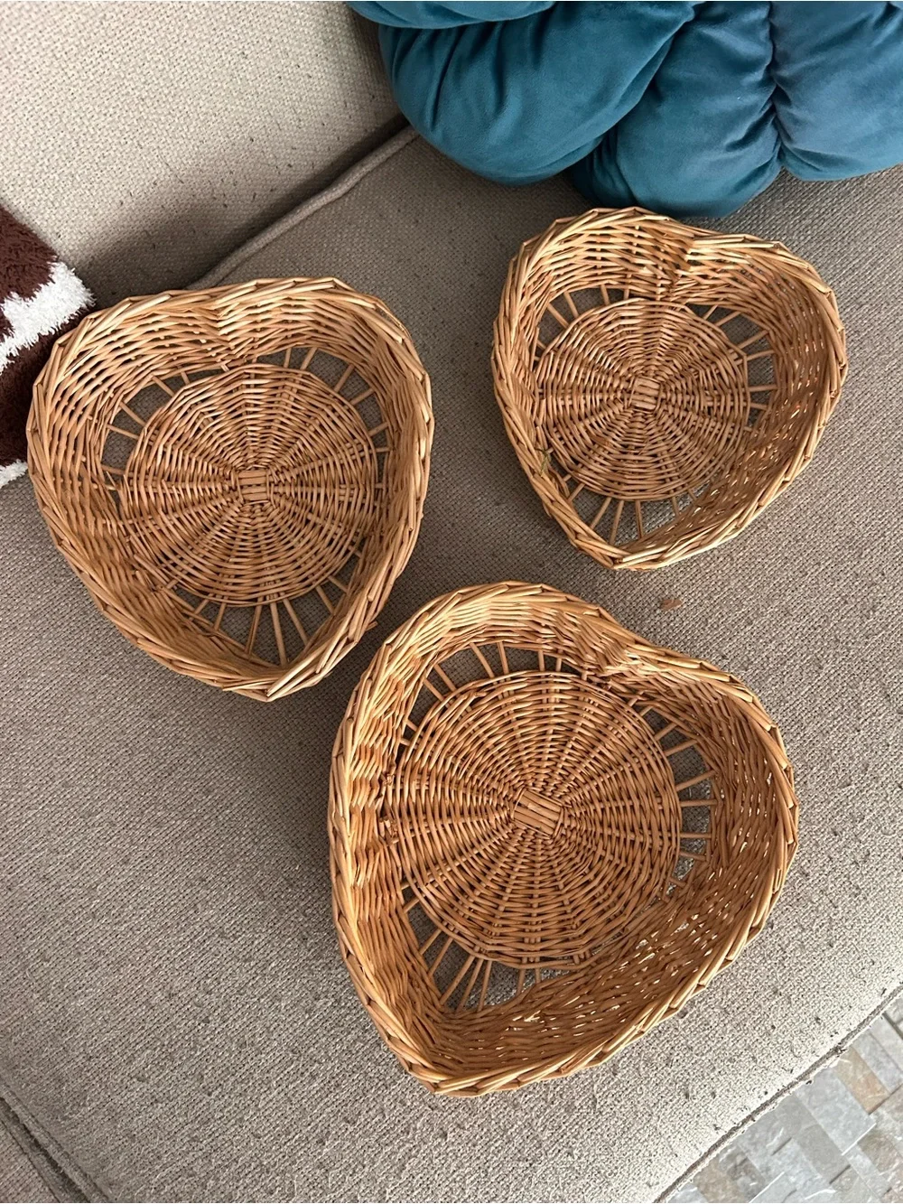 Natural Woven Heart Nesting Basket Trio - Light Brown Boho Home Decor
